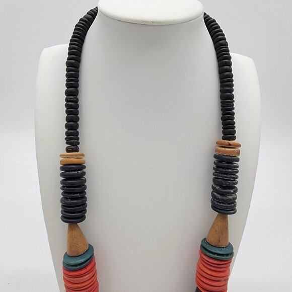Wood Beaded Necklace Tribal Boho Ethnic Rainbow Colorful Discs Statement Long - Picture 3 of 4